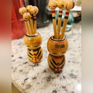 Vintage Wooden Kokeshi Doll Toothpick Holders